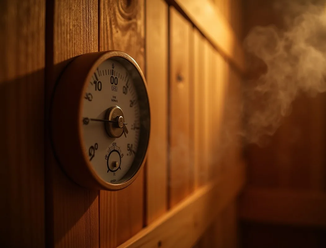 Atmospheric close-up of a sauna thermometer and hygrometer mounted on dark spruce wall showing 90 degrees