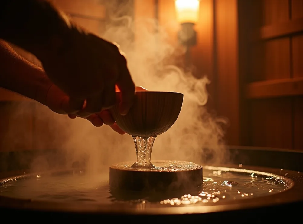 Close-up of male hands pouring water from a wooden ladle onto hot sauna stones with steam rising