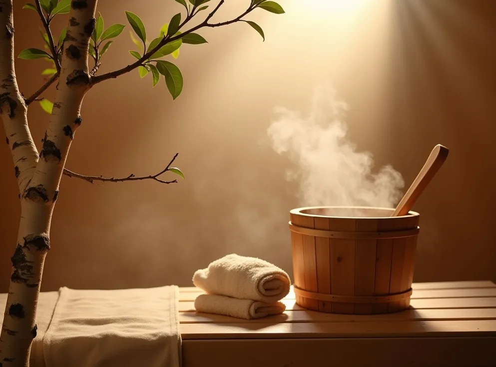 Birch branches with fresh leaves and a wooden sauna bucket with ladle resting on bench