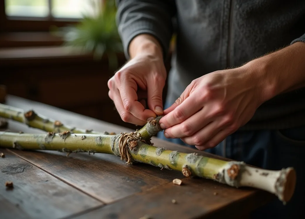 Detail macro photo of a man tying a bundle of fresh birch branches for a sauna whisk hands in focus