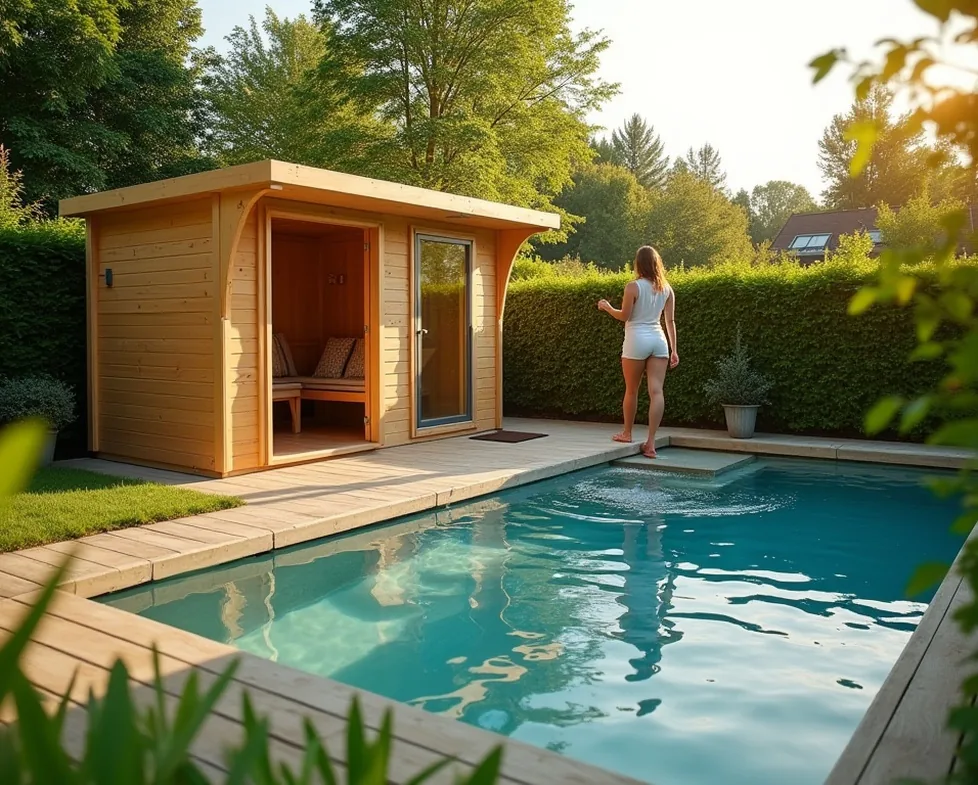 Completed modular sauna installation next to a small backyard