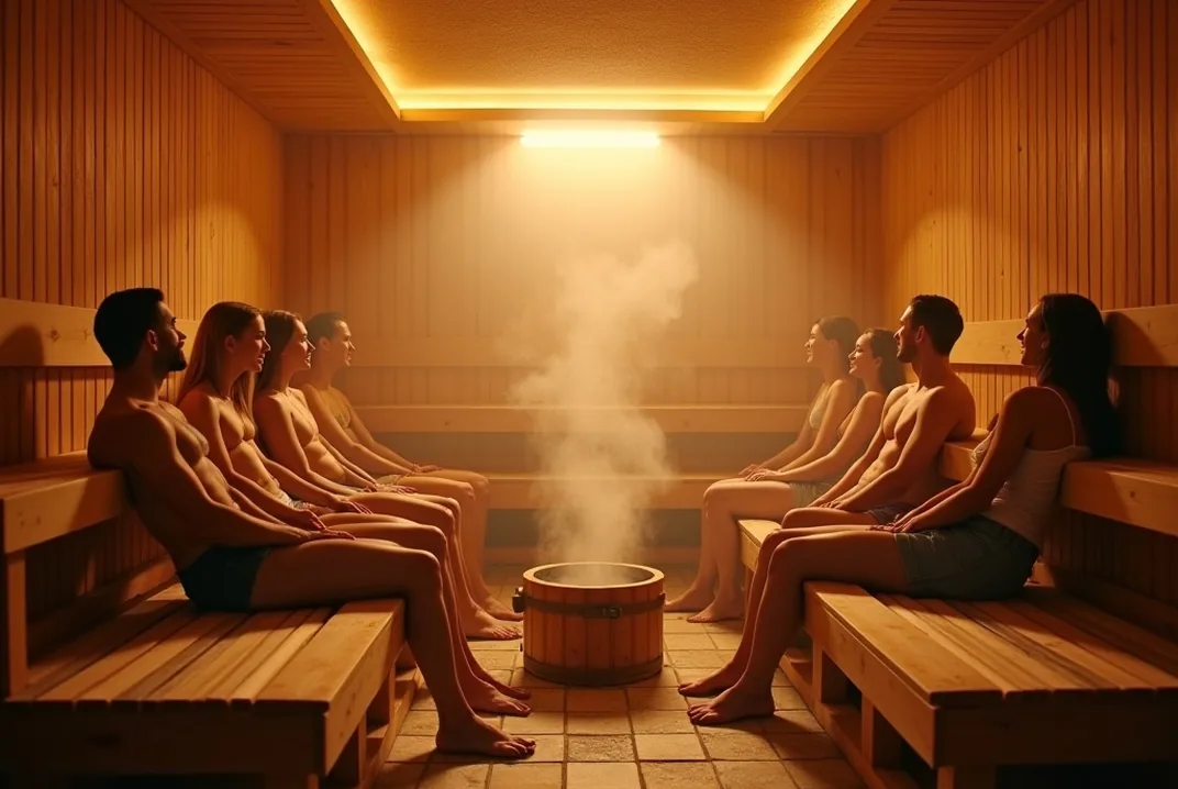 Spacious six-person modular sauna interior with massive block-log walls and two-tier benches