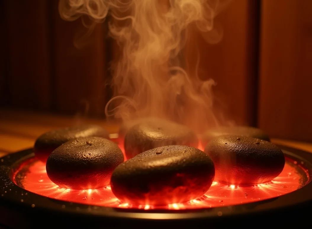 Moody interior close-up of sauna stones glowing red-orange on an electric heater with drops of water