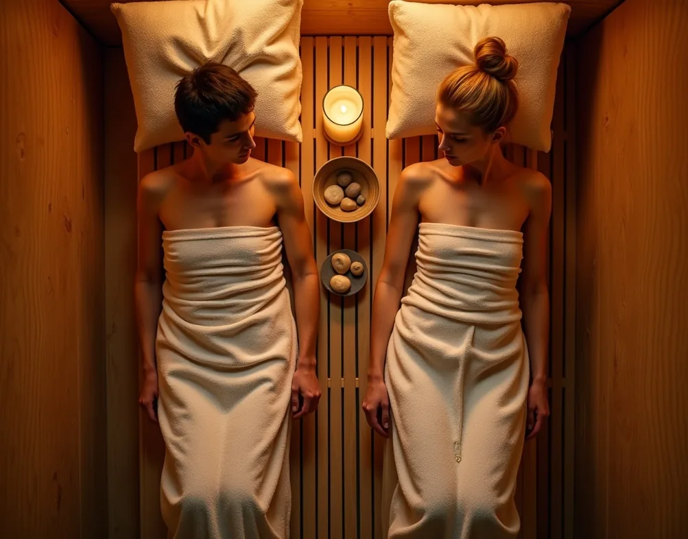 Overhead top-down lifestyle shot of two people lying on separate sauna benches inside a wooden sauna