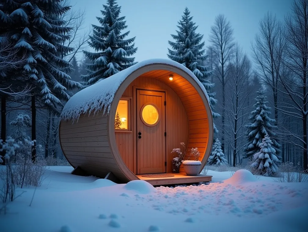 Modern wooden barrel sauna in a snowy German garden at dusk with warm golden light