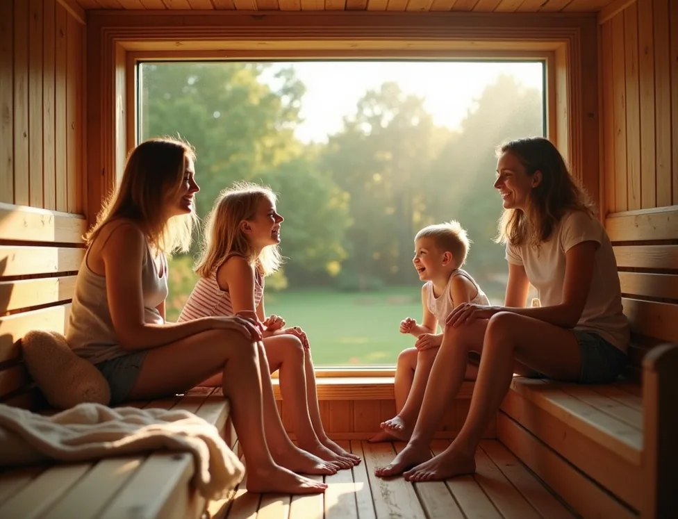 Family of four laughing and relaxing inside a large wooden sauna
