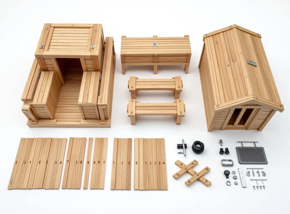 Large outdoor garden sauna kit laid out in organized flat lay on white background
