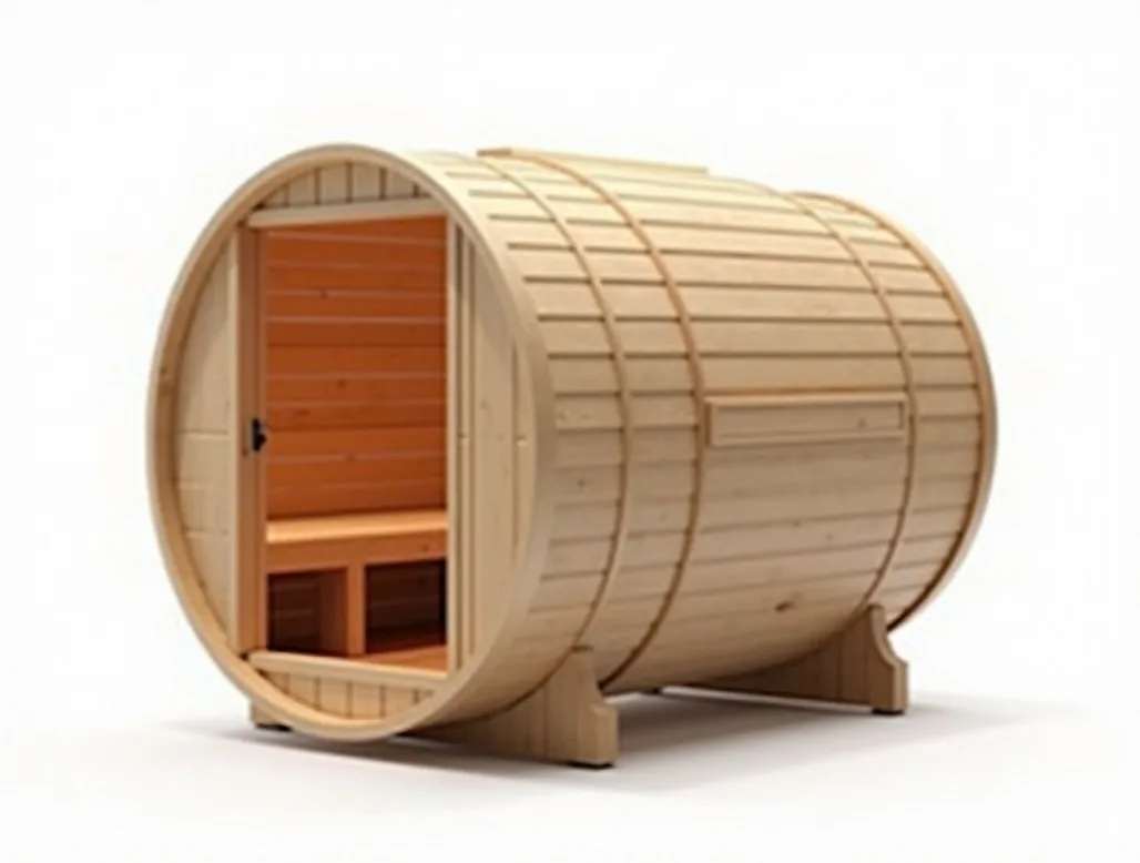 Assembled barrel sauna standing horizontally on white background three-quarter view