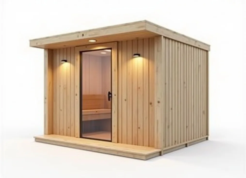 Fully assembled small two-person sauna cabin made of light hemlock wood