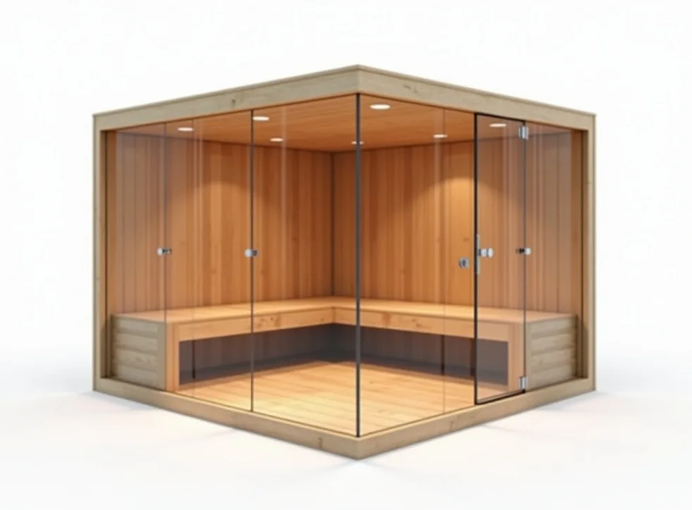 Assembled panoramic glass-front sauna cabin with full-height ESG safety glass wall