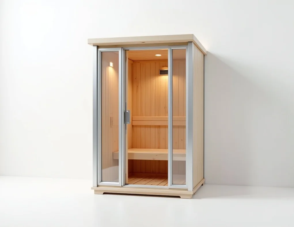 Slim wall-mount two-person sauna cabin with aluminum frame and light hemlock wood