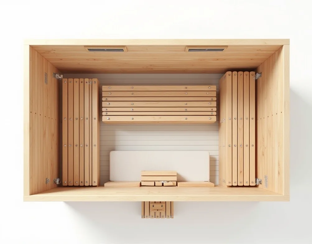 Compact wooden indoor sauna kit flat lay arrangement showing all prefabricated parts